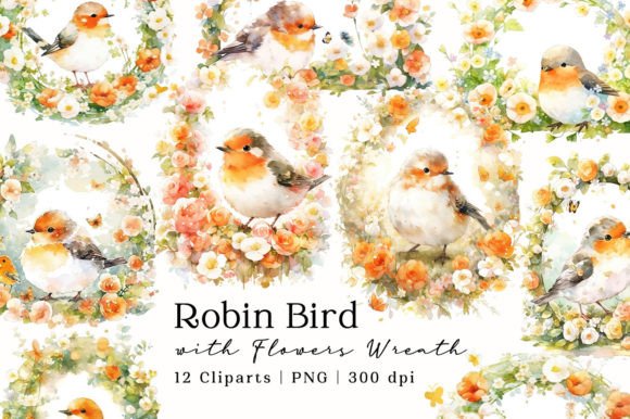 Download Robin Bird Flowers Wreath Watercolor PNG - Flowers Collection