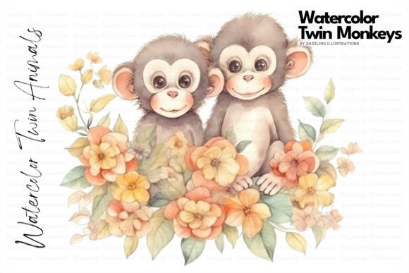 Download Watercolor Twin Monkeys with Flowers - Flowers Collection